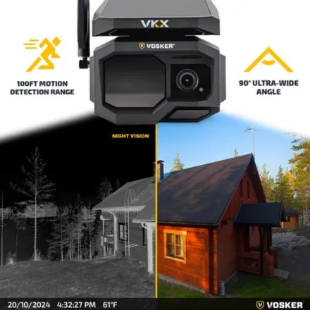 VKX camera with 90 degree ultra-wide angle, 100ft motion detection range, and night vision vs day comparison of a cabin